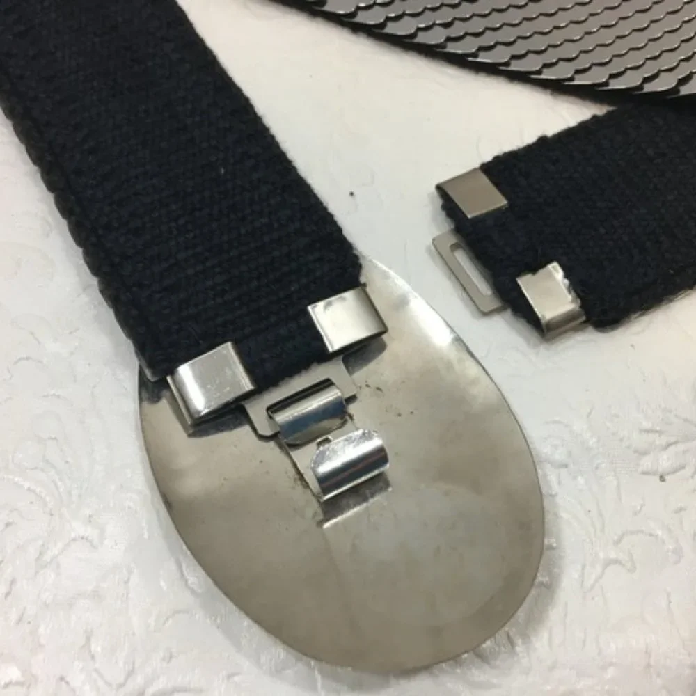 VTG 90's Shiny Silver Metal Reptile Scale Stretch Elastic Belt Silver Buckle